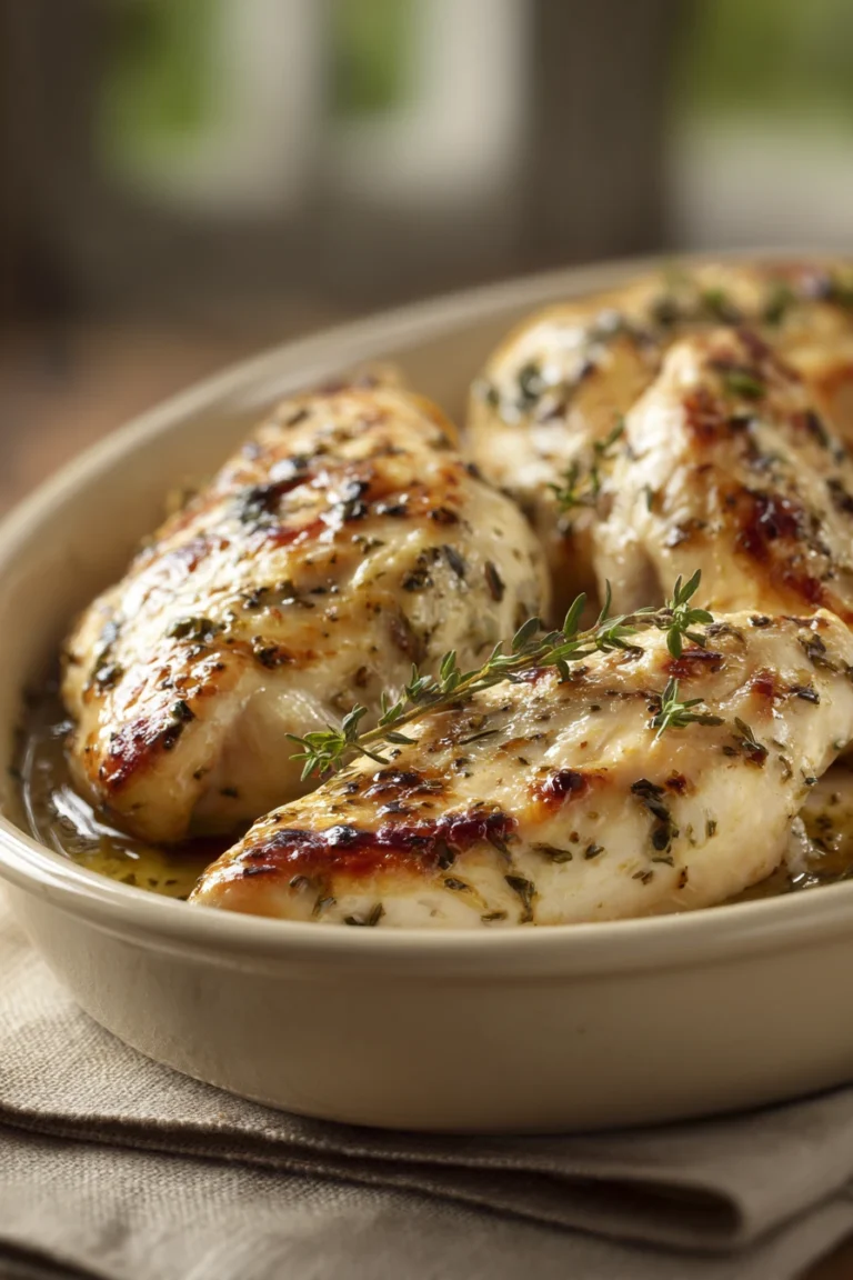 Close-up of Boursin Chicken with Garlic and Herbs, showcasing juicy chicken and fresh herbs.