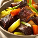 Close-up of braised beef short ribs with a rich, glossy sauce on a clean plate