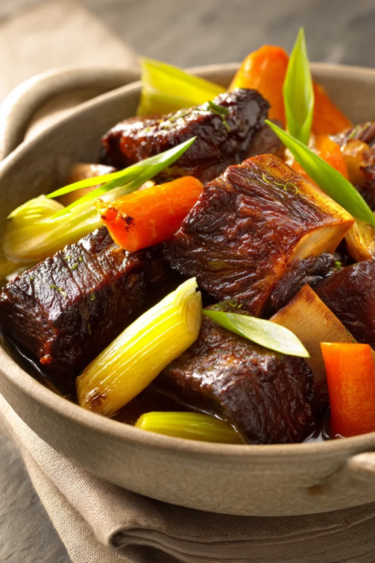 Close-up of braised beef short ribs with a rich, glossy sauce on a clean plate