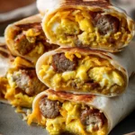 Close-up of Breakfast Crunchwraps with Eggs, showcasing a crispy tortilla wrap filled with scrambled eggs.