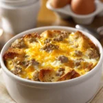 Close-up of a breakfast sausage and egg casserole with melted cheese and herbs.