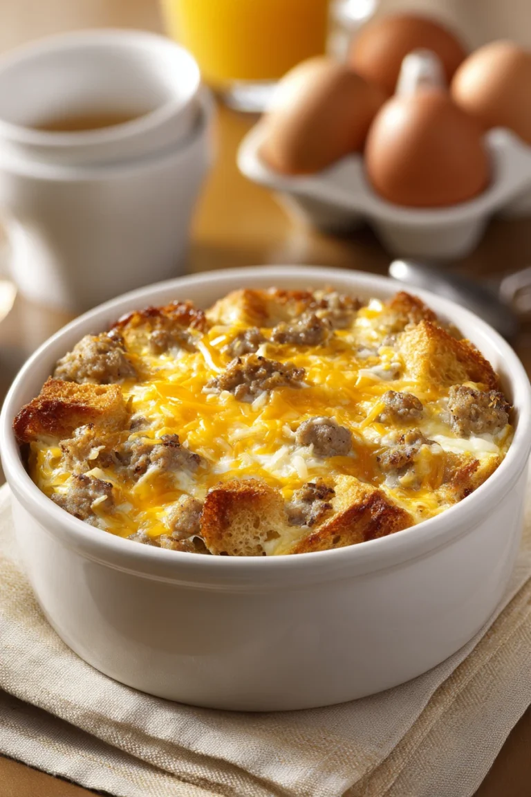 Close-up of a breakfast sausage and egg casserole with melted cheese and herbs.