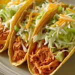 Close-up of Buffalo Chicken Tacos with creamy sauce and fresh toppings
