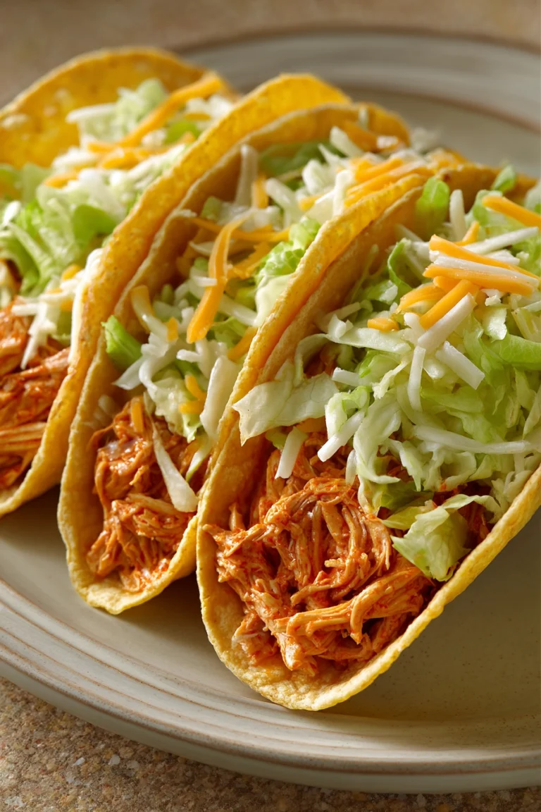 Close-up of Buffalo Chicken Tacos with creamy sauce and fresh toppings