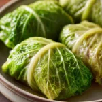 Close-up of delicious cabbage rolls with bright, warm lighting and clean background.