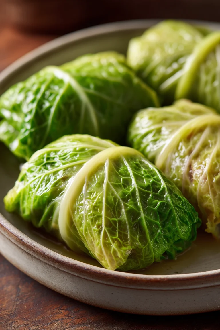 Close-up of delicious cabbage rolls with bright, warm lighting and clean background.