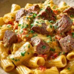 Close-up of Cajun steak tips with cheesy rigatoni in parmesan sauce, garnished with herbs.