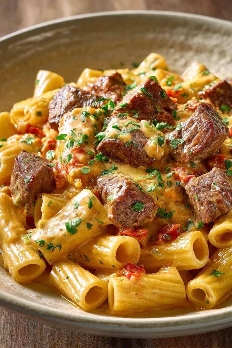 Close-up of Cajun steak tips with cheesy rigatoni in parmesan sauce, garnished with herbs.