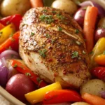 Cajun Style Baked Turkey Breast with colorful vegetables in bright natural light.