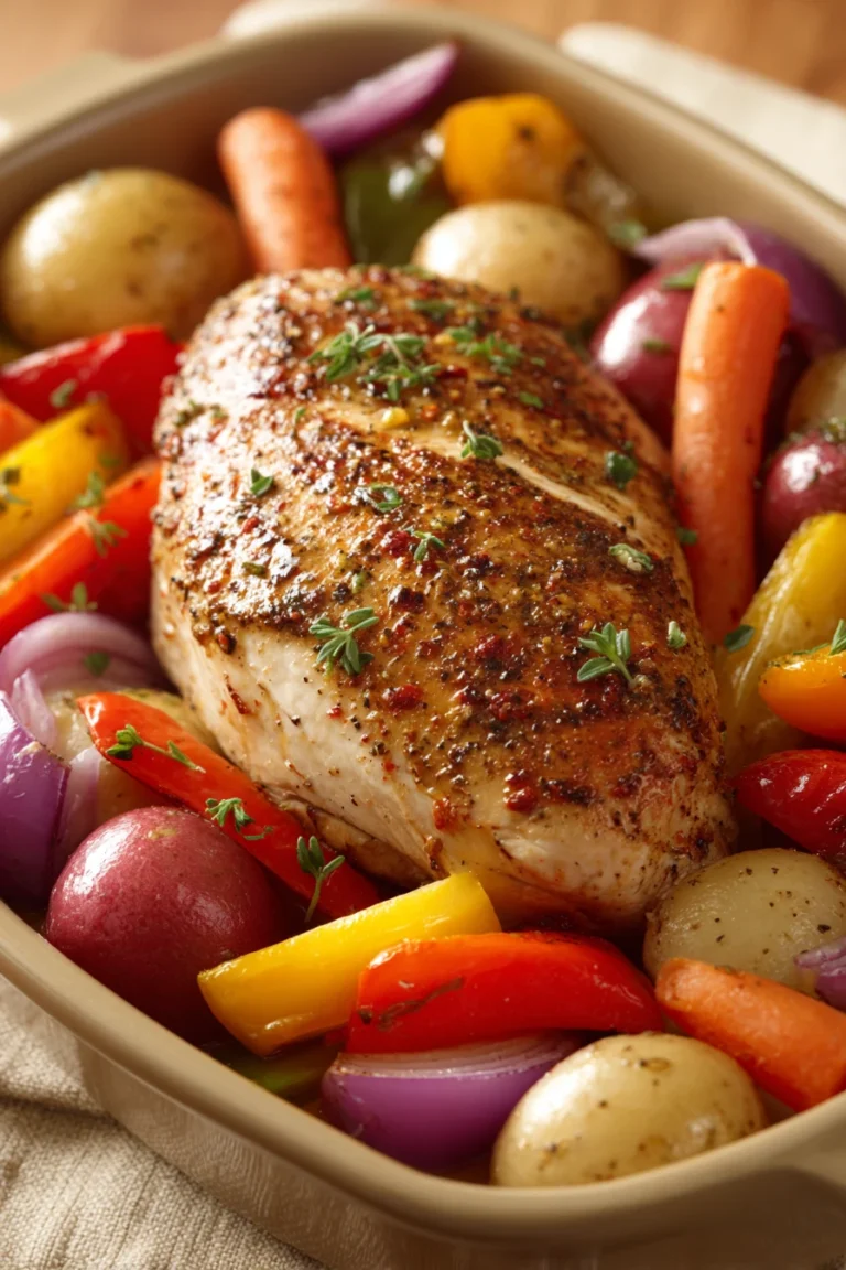 Cajun Style Baked Turkey Breast with colorful vegetables in bright natural light.