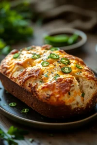 Close-up of cheddar jalapeno sandwich bread with a golden crust and visible jalapeno slices.