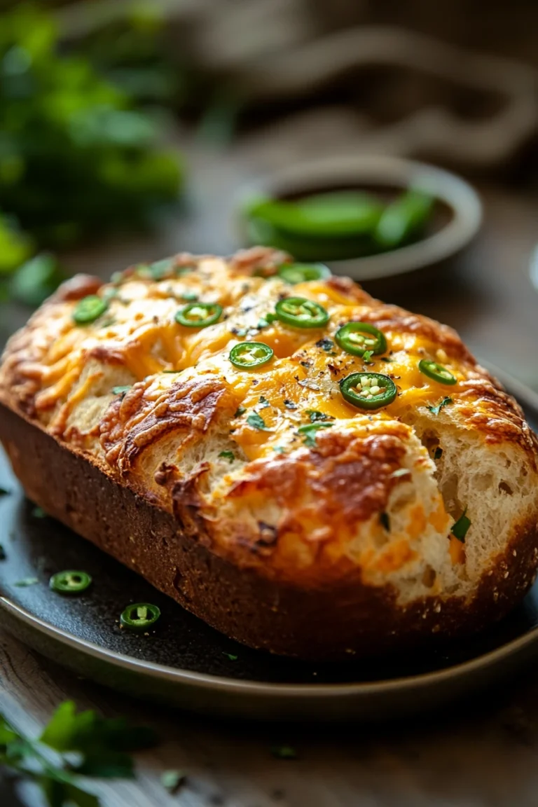 Close-up of cheddar jalapeno sandwich bread with a golden crust and visible jalapeno slices.