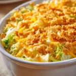 Close-up of a cheesy cabbage casserole with a golden cracker topping, served in a white dish.