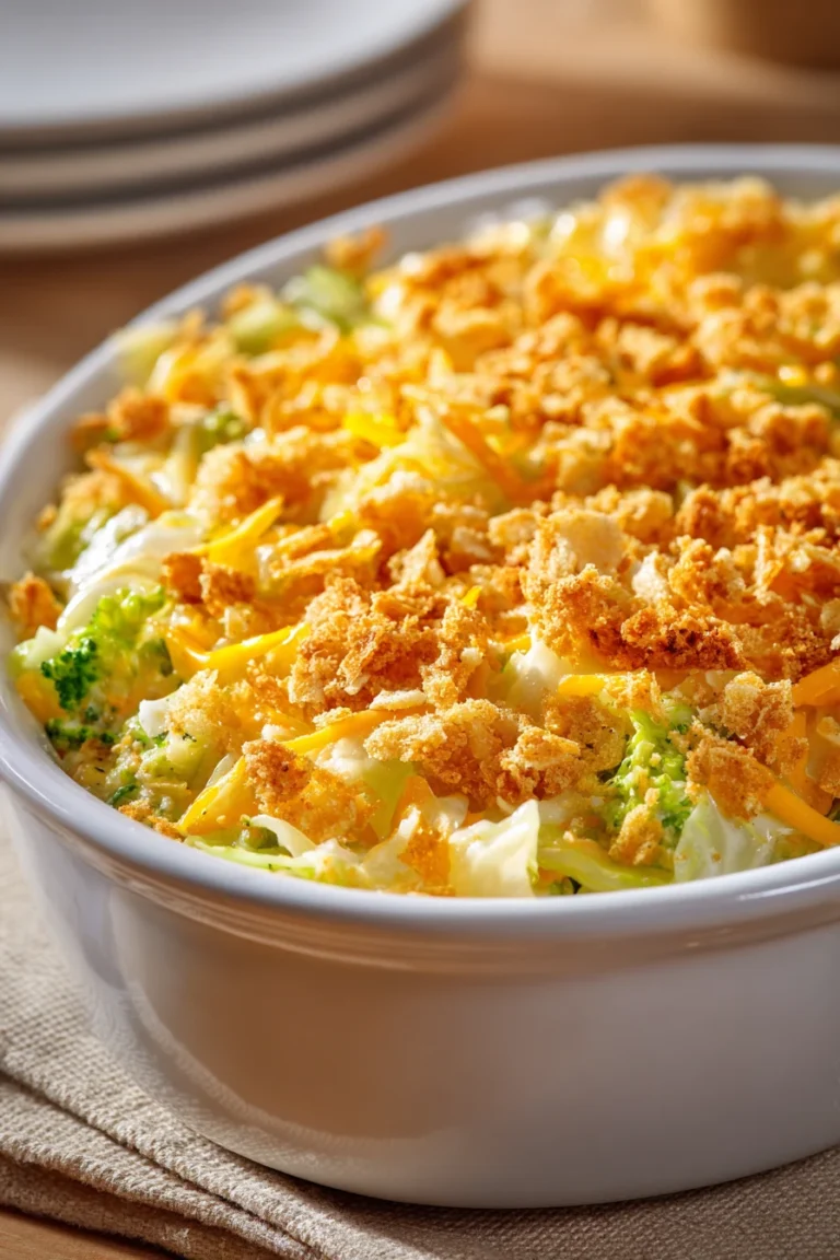 Close-up of a cheesy cabbage casserole with a golden cracker topping, served in a white dish.