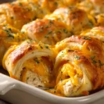 Close-up of cheesy chicken crescent rolls with golden brown crust and melted cheese.