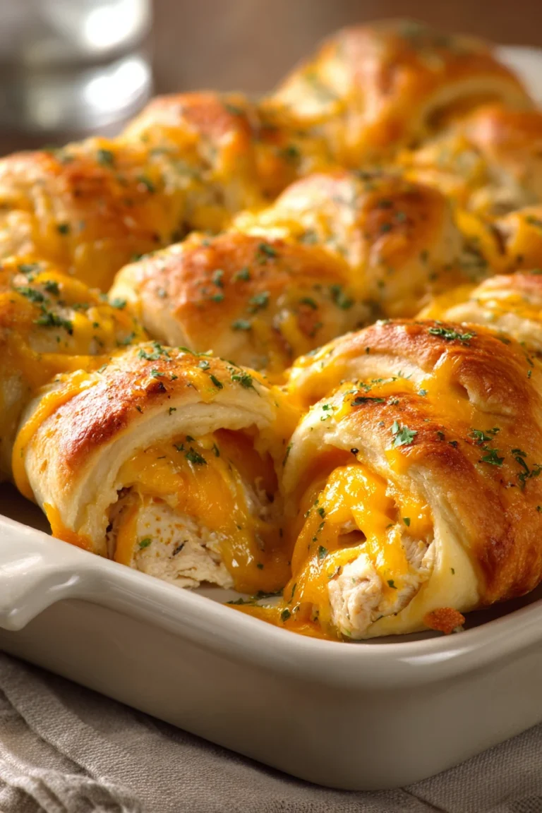 Close-up of cheesy chicken crescent rolls with golden brown crust and melted cheese.