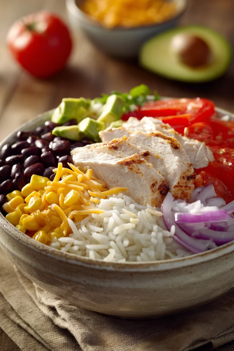 Close-up of a chicken and rice burrito bowl with fresh ingredients and vibrant colors.