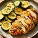 Close-up of chicken breast and zucchini cooked in an air fryer with bright lighting