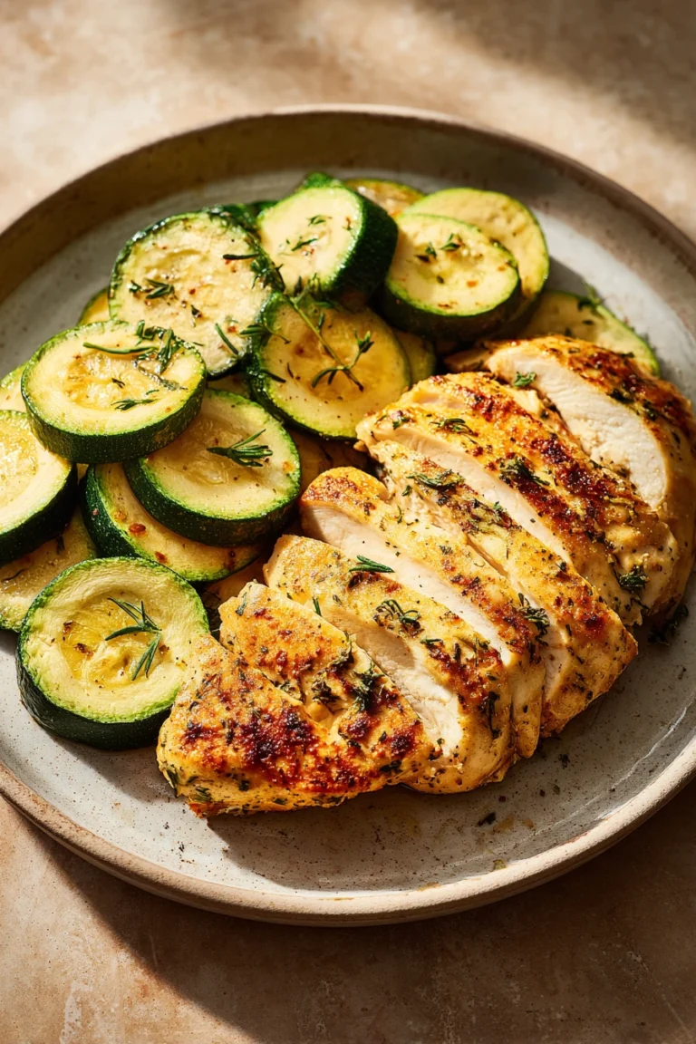 Close-up of chicken breast and zucchini cooked in an air fryer with bright lighting