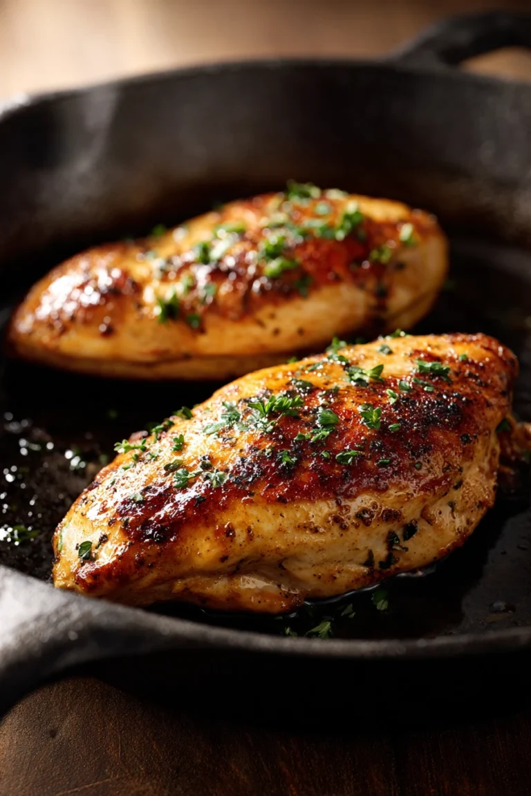 Close-up of chicken breast in a cast iron skillet with a creamy sauce and herbs