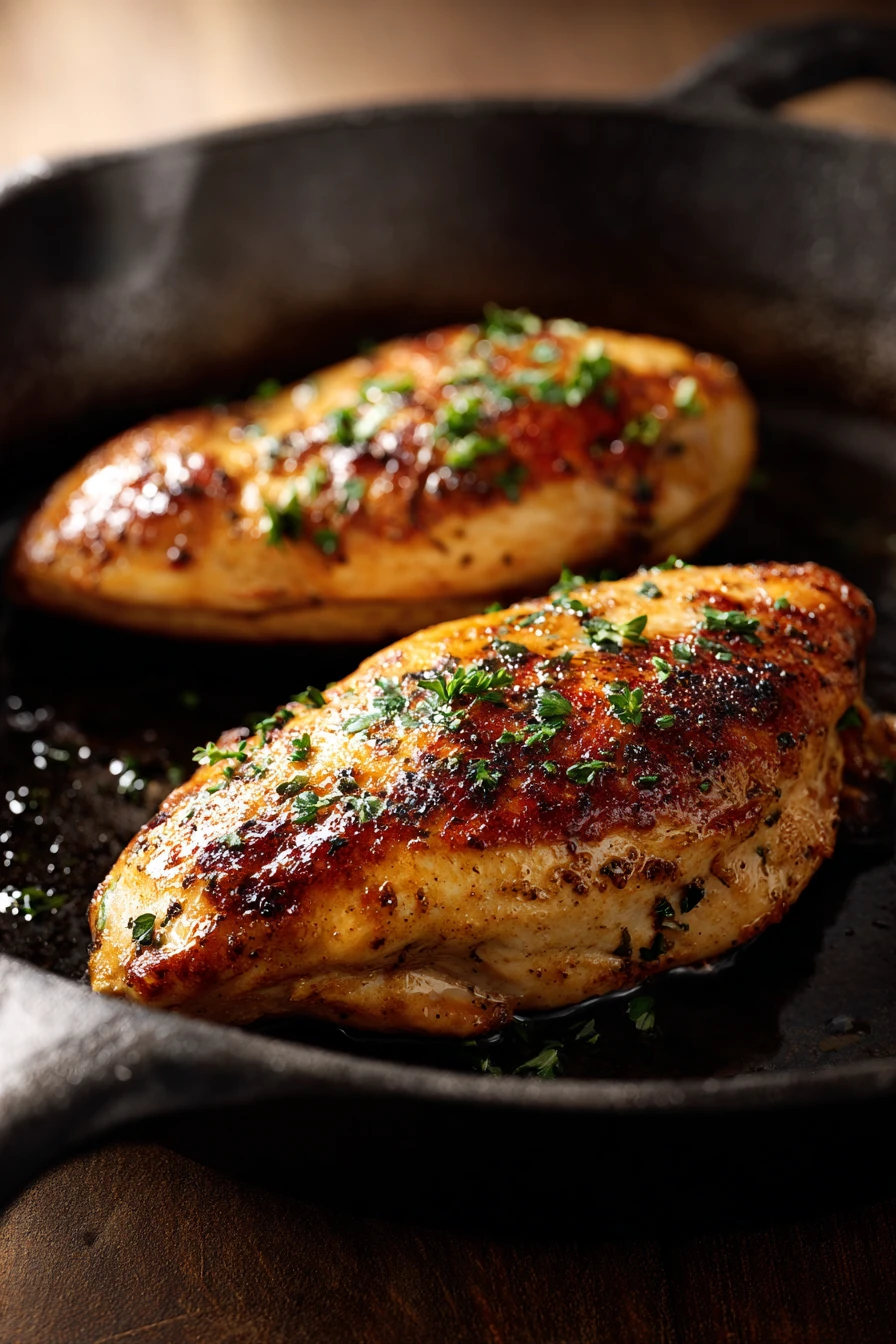 Close-up of chicken breast in a cast iron skillet with a creamy sauce and herbs