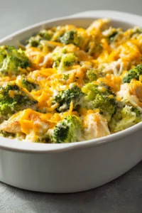 Close-up of a chicken broccoli casserole keto dish with creamy sauce and herbs.