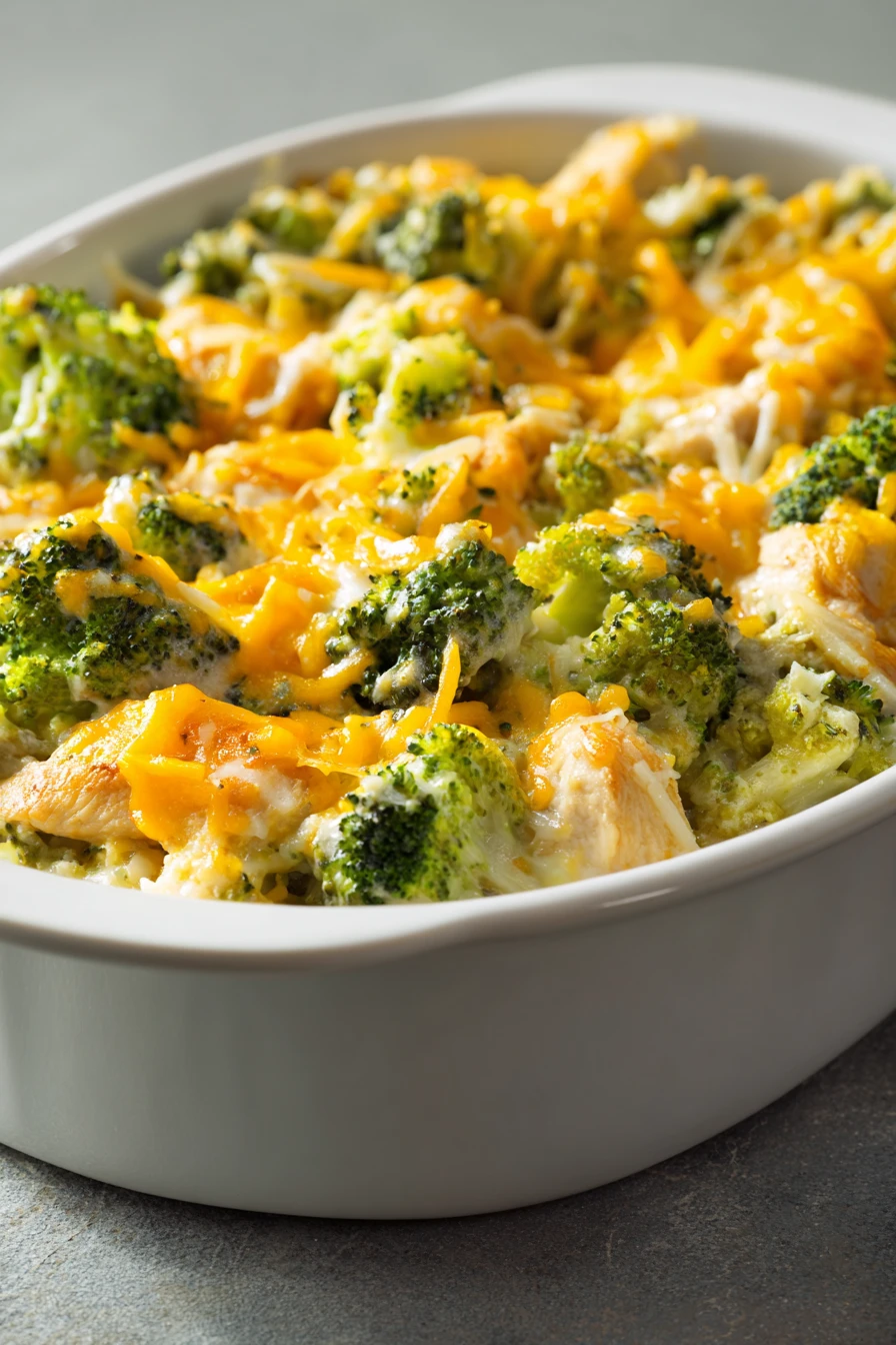 Close-up of a chicken broccoli casserole keto dish with creamy sauce and herbs.
