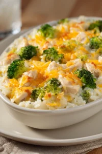 Close-up of chicken broccoli rice cheese casserole with jasmine rice in a warm, inviting setting.