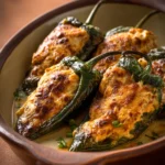 Close-up of Chicken Chiles Rellenos with melted cheese and green chiles on a white plate.