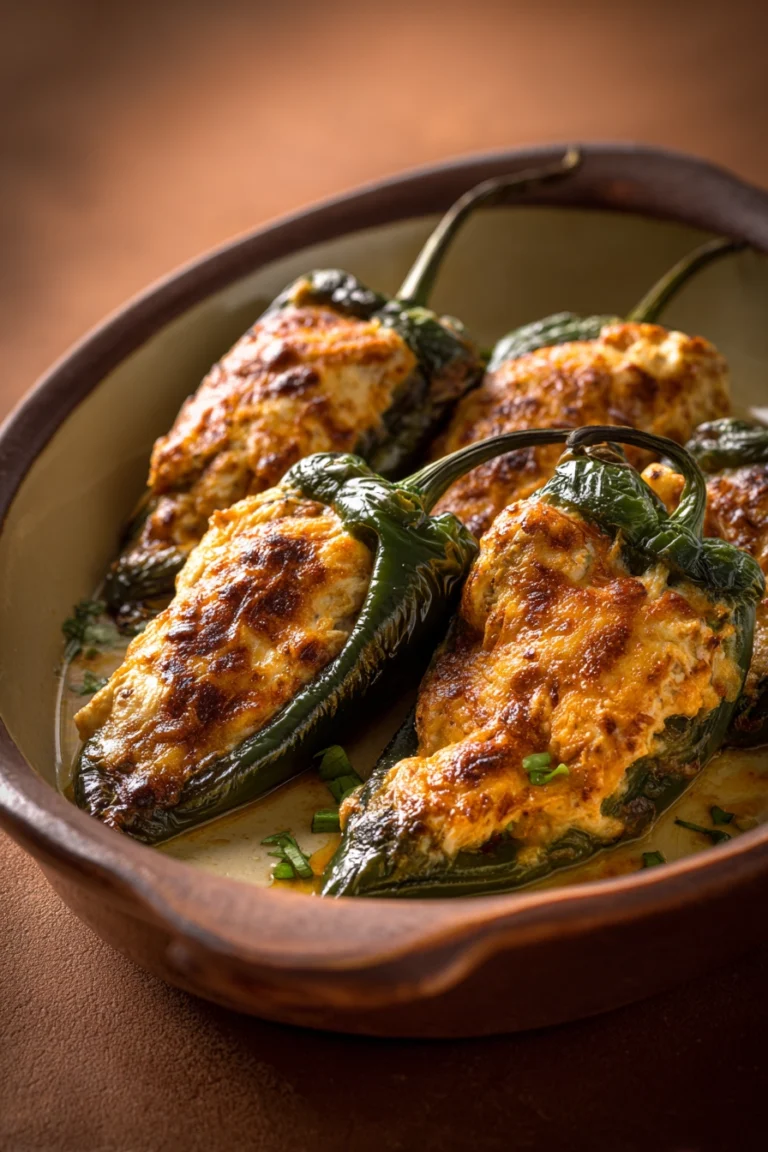 Close-up of Chicken Chiles Rellenos with melted cheese and green chiles on a white plate.