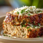 Close-up of chicken meatloaf with garlic and parmesan, garnished with herbs on a white plate.