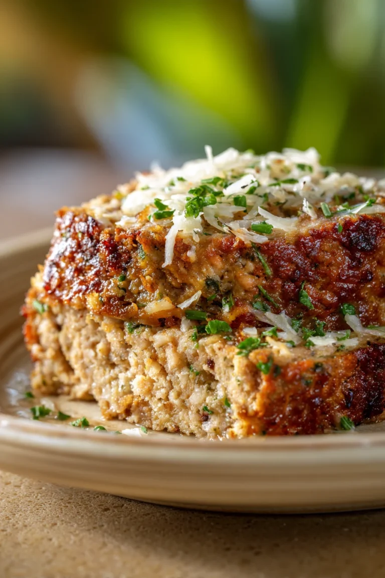 Close-up of chicken meatloaf with garlic and parmesan, garnished with herbs on a white plate.
