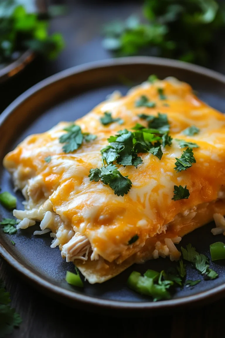 Close-up of a chicken rice casserole enchilada with melted cheese and a golden crust.