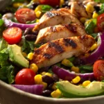 Close-up of a chipotle chicken salad with creamy dressing and fresh greens