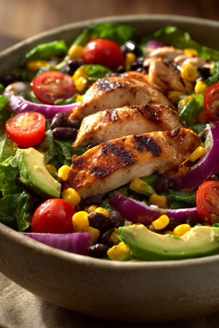 Close-up of a chipotle chicken salad with creamy dressing and fresh greens
