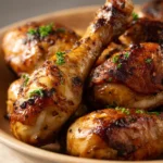 Close-up of Colombian marinated chicken drumsticks with a golden glaze on a white plate.
