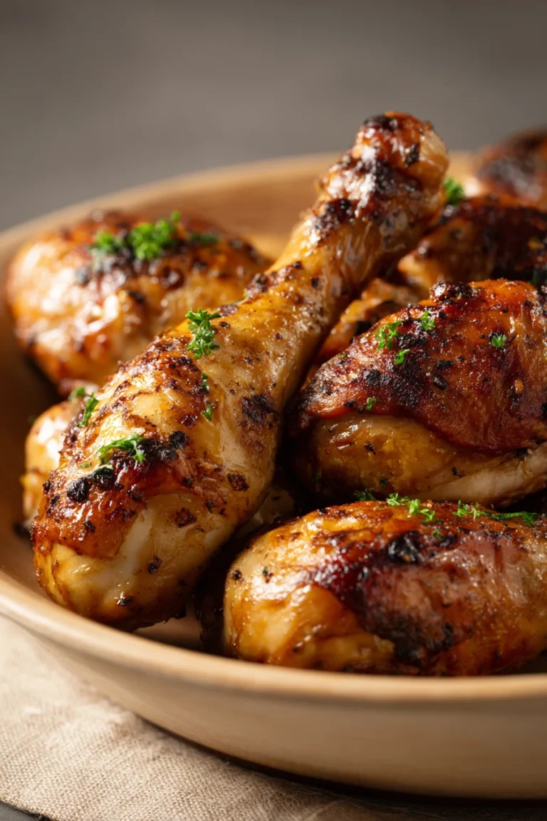 Close-up of Colombian marinated chicken drumsticks with a golden glaze on a white plate.