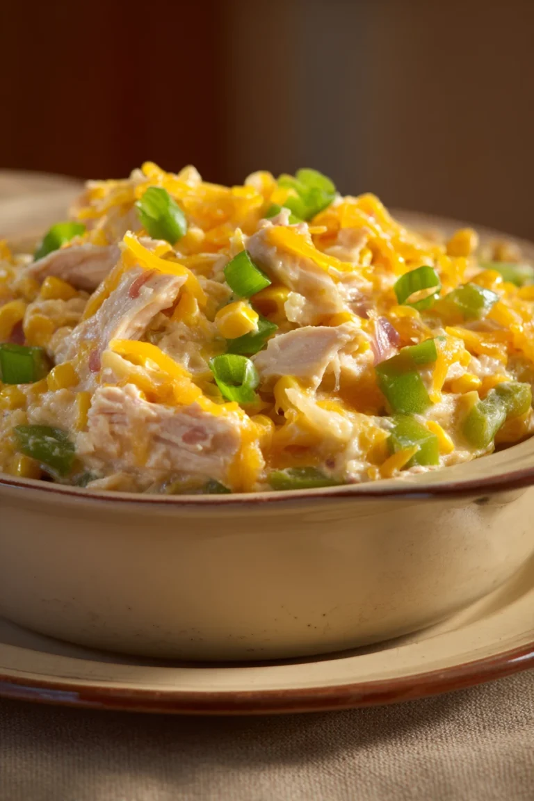 Close-up of a corn chicken casserole with creamy sauce and herbs