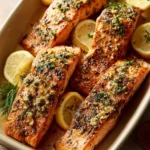 Close-up of Cowboy Butter Salmon with a bright and appetizing presentation.