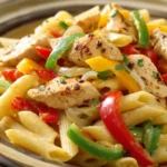 Close-up of creamy Cajun chicken pasta with a rich sauce and garnished with herbs