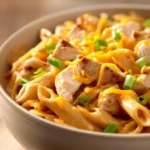 Close-up of creamy chicken enchilada pasta with a rich sauce and garnished with herbs.