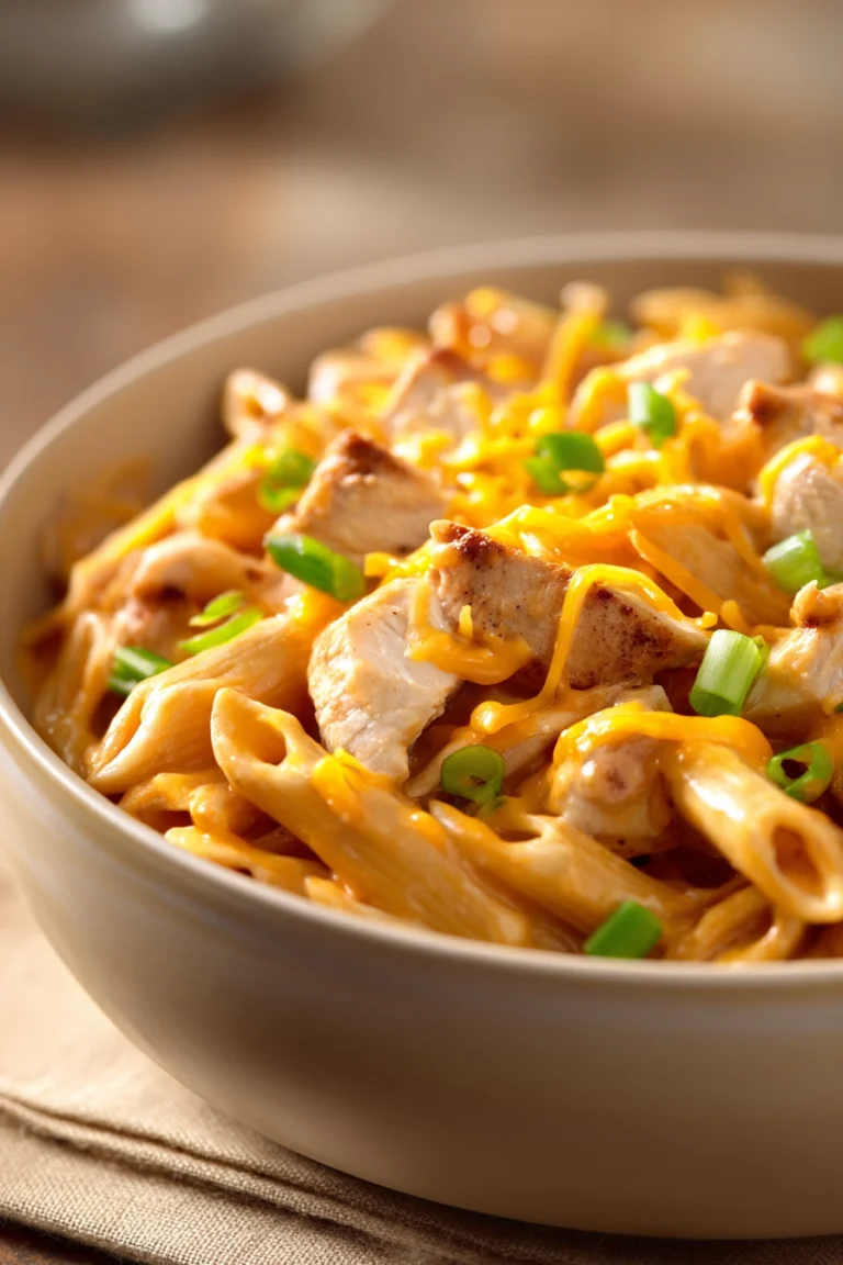 Close-up of creamy chicken enchilada pasta with a rich sauce and garnished with herbs.