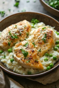 Close-up of a creamy chicken rice skillet with herbs and a warm, appetizing appearance.