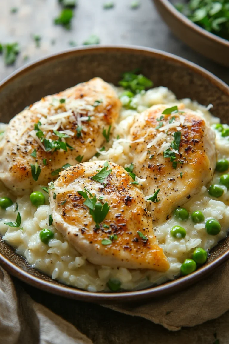 Close-up of a creamy chicken rice skillet with herbs and a warm, appetizing appearance.