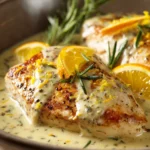 Close-up of creamy citrus chicken with rosemary on a white plate, garnished with fresh herbs.