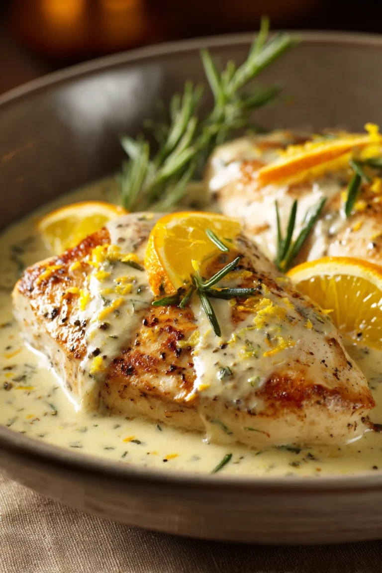 Close-up of creamy citrus chicken with rosemary on a white plate, garnished with fresh herbs.