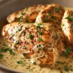Close-up of creamy garlic butter chicken with a warm, appetizing appearance.