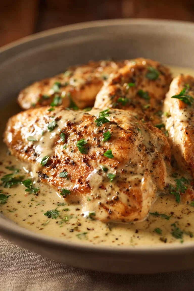 Close-up of creamy garlic butter chicken with a warm, appetizing appearance.