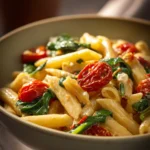 Close-up of creamy one pot pasta with visible sauce and herbs