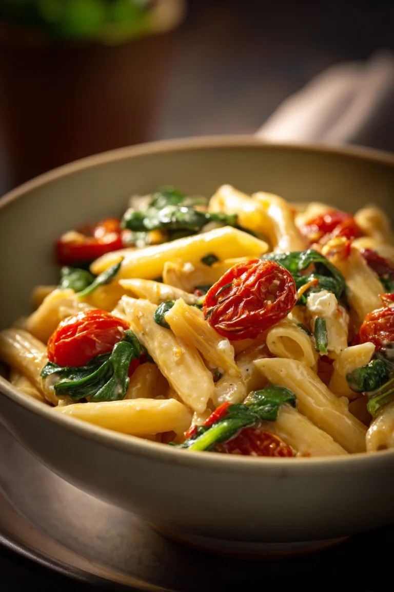 Close-up of creamy one pot pasta with visible sauce and herbs